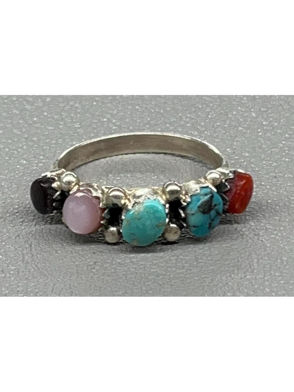 Zuni turquoise multi stone boho style sterling silver cluster ring size 7